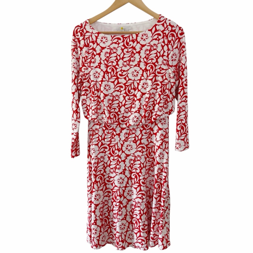 Boden Jersey Dress Red Ivory Floral Blouson Size 4